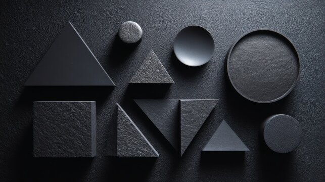 Abstract black paper background with layered geometric shapes, minimalist monochrome composition, textured cutout patterns, modern luxury design for elegant branding, creative posters, business presen