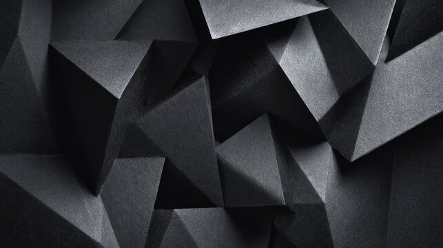 Abstract black paper background with layered geometric shapes, minimalist modern composition, textured cutout patterns, elegant monochrome design for luxury branding, creative posters, business presen