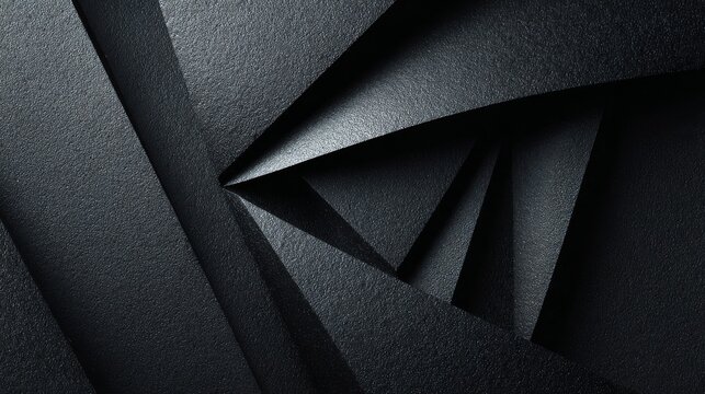 Abstract black paper background with layered geometric shapes, minimalist monochrome composition, textured cutout patterns, modern luxury design for elegant branding, creative posters, business presen