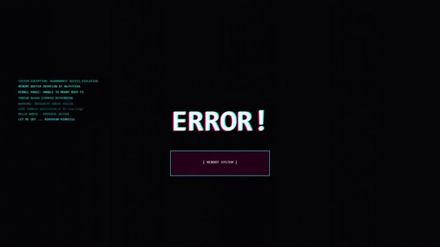 System error screen with glitch text and reboot prompt cyber security concept system failure computer crash
