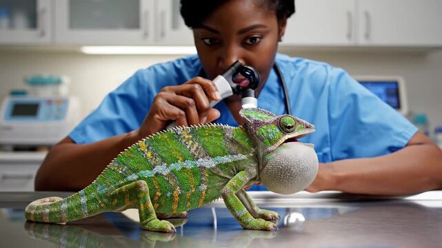 Young smiling african american female veterinarian examining a large green chameleon on a metal table, using an otoscope to check the exotic pet that is inflating its gular pouch