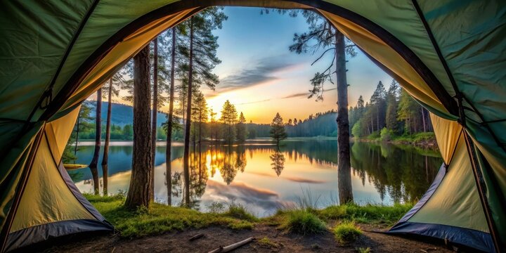 Tranquil forest at dusk with a serene lake in the background through a tent flap, tent, sunset