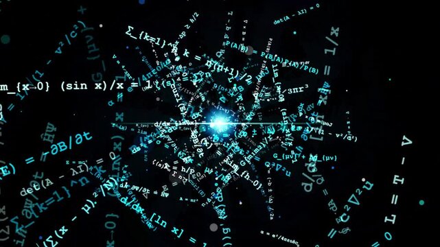 Mathematical formulas and physics equations floating in cyber space abstract background, mathematics science