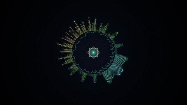 Professional abstract radial spectrum equalizer with simulated audio frequencies, geometric core, and reactive light particles in a seamless loop.