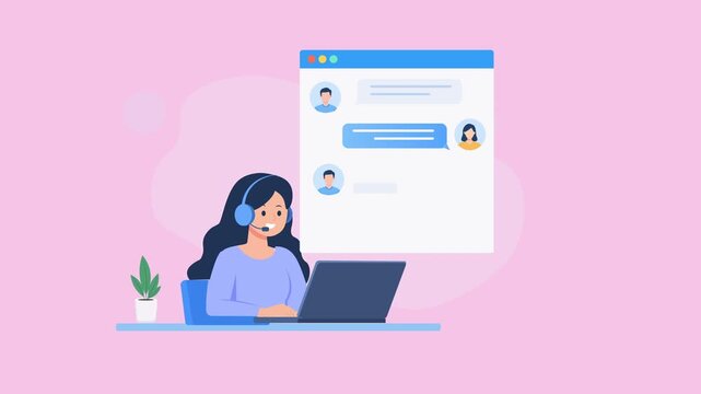 Flat vector animation showing a customer support agent wearing a headset and working on a laptop alongside a digital chat interface with customer avatars and messaging bubbles for online customer serv