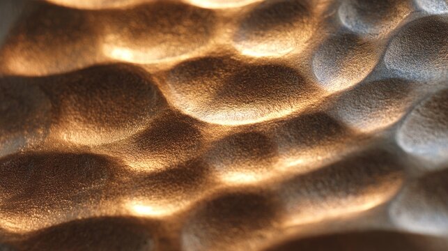 raking. Extreme close-up of textured hammered copper surface with dramatic shadows. safety posters, maintenance manuals, designed for precision metalworking and fabrication facilities.