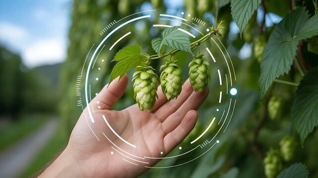 Person holding fresh green hop cones with digital futuristic scanner UI overlay for quality control in brewing agriculture