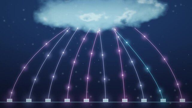 Abstract Data Network Connection Showing cloud sync Digital Glowing Lines Streaming From A Cloud Symbol To Server Nodes Below, Representing Cloud Computing Services, Internet Infrastructure And Data
