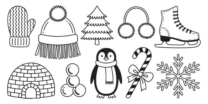 Hand drawn winter holiday doodle set with penguin igloo snowflake and christmas tree elements for children greeting cards and decorations.