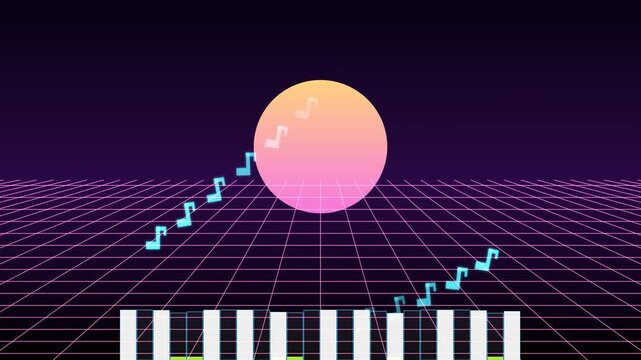 An 80s outrun style 3D perspective grid with a glowing synthesizer keyboard releasing digital pixelated music notes.