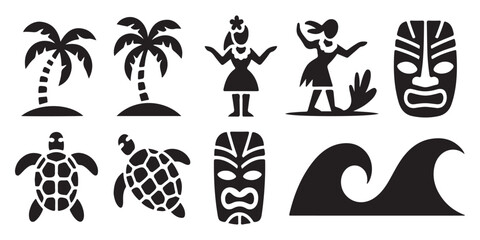 Tropical island icons featuring palm trees sea turtles tiki masks and ocean waves for summer vacation branding and hawaiian beach decoration. © MONSUR.99