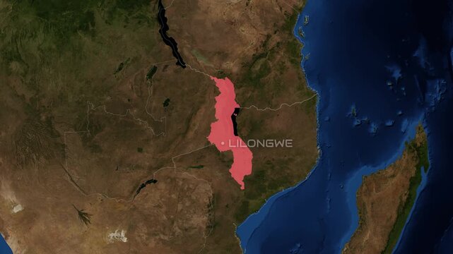 Malawi highlighted on a 3D Earth globe. Floating terrain map against stars. Malawi in circular text. Elements of the animation furnished by NASA.