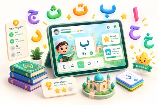 Interactive Arabic alphabet learning tablet app for kids, gamified Quran educational interface with colorful 3D hijaiyah letters