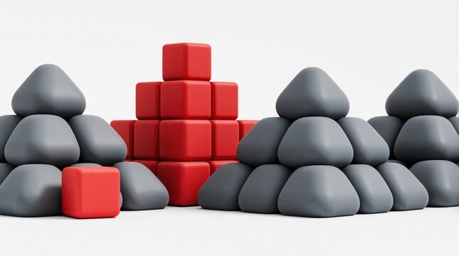 Abstract 3D composition with red cubes, grey pyramid shapes. Geometric blocks create unique patterns, structured mounds. Minimalist design features red center stack with dark grey mounds on sides.