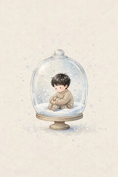 Little boy peeking from behind Christmas tree cute watercolor illustration