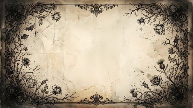 Vintage antique paper background with ornate floral and scrollwork border design.