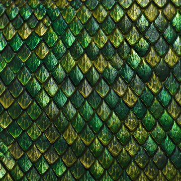 Vibrant iridescent green and yellow dragon scale texture closeup background