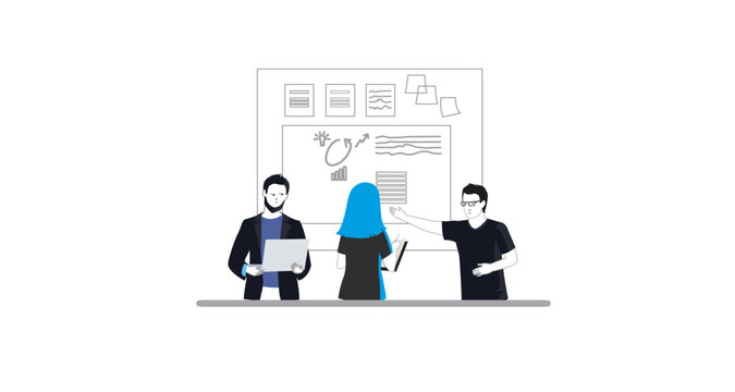 Teamwork, planning, and time management. Papers and devices lie on the table. Above them are icons representing a calendar, an hourglass, shapes, and arrows, symbolizing planning, time management, and