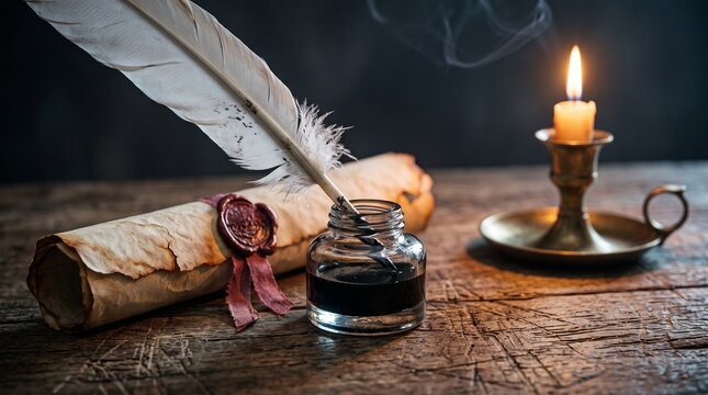 A Quill and Candle: A feathered quill rests in an inkwell beside an old scroll sealed with wax, illuminated by the warm, flickering light of a single candle.