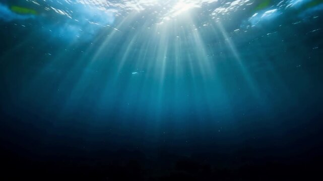 Sunlight Beams Filtering Through Ocean Water Creating Serene Underwater Scene with Copy Space