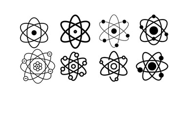 Atom icons set collection, black science atom symbols isolated on transparent background, chemistry atom structure icons, nuclear orbit electron model icons © Noman