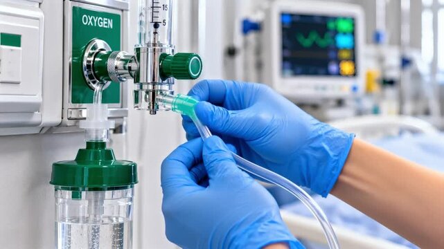 Medical professional adjusting oxygen supply in a hospital setting  