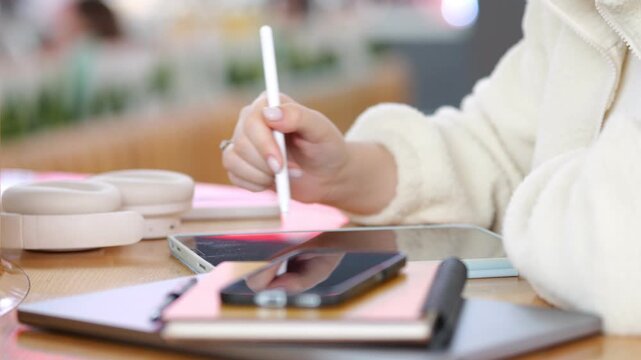 Person draws on tablet with stylus. Desk holds phone, notebook, headphones. Warm, focused creative workspace