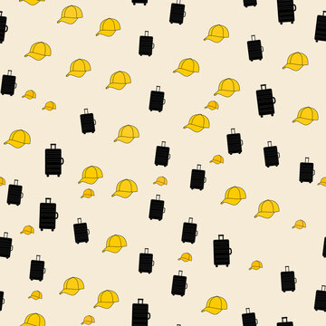 Seamless pattern of yellow caps and black suitcases