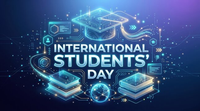 Abstract digital design for international students day featuring a glowing graduation cap and futuristic technology elements on dark background