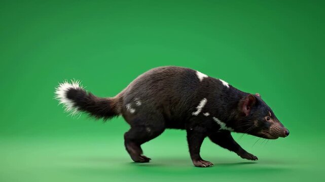 Tasmanian Devil Walking Across Green Screen Studio for Wildlife Documentary or Educational Use