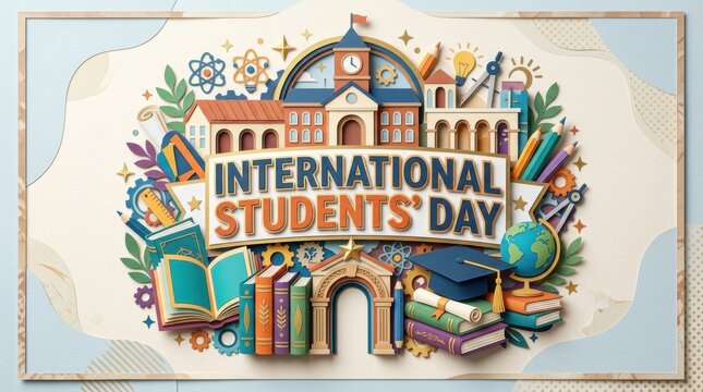 Colorful hand drawn illustration celebrating international students day featuring a school building stacks of books and academic learning icons