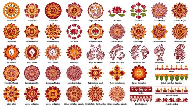 A collection of colorful traditional indian rangoli designs and decorative floral patterns displayed in a grid for cultural festivals