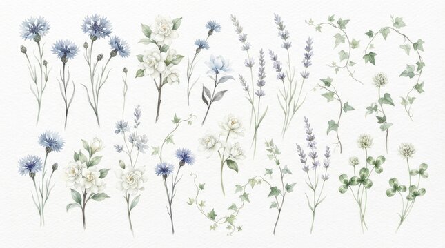 Watercolor botanical collection of blue cornflowers, white flowers, and ivy