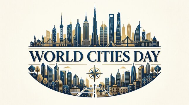 World cities day celebration graphic featuring a stylized silhouette of a modern metropolitan skyline with tall skyscrapers and buildings