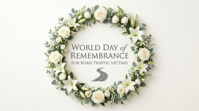 Beautiful floral wreath with white roses and green leaves surrounding the text world day of remembrance for road victims