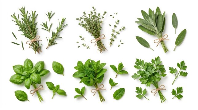 Top view of various fresh culinary herbs including basil rosemary thyme sage and parsley arranged on white background