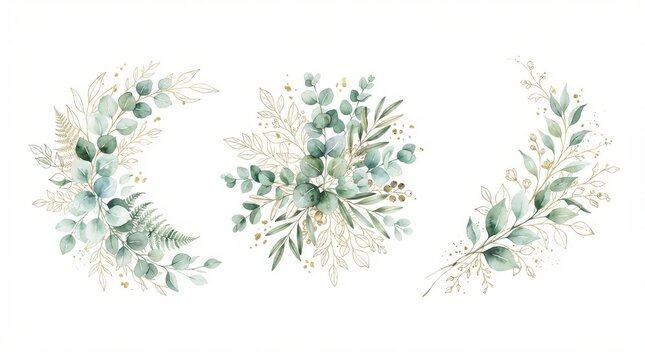 Watercolor eucalyptus and gold leaf floral arrangements isolated on white background
