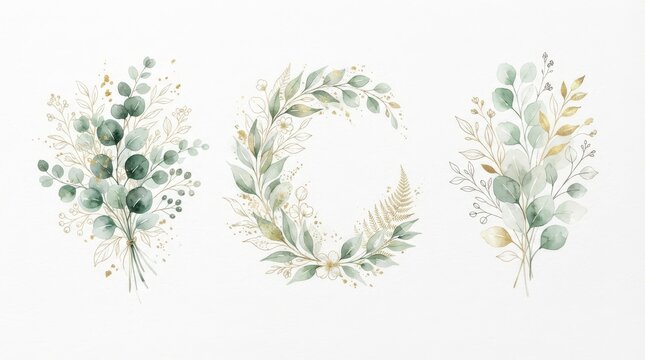 Watercolor eucalyptus and gold leaf arrangements isolated on white background