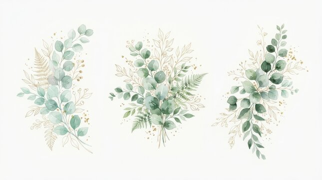Watercolor eucalyptus and fern leaves bouquet isolated on white background