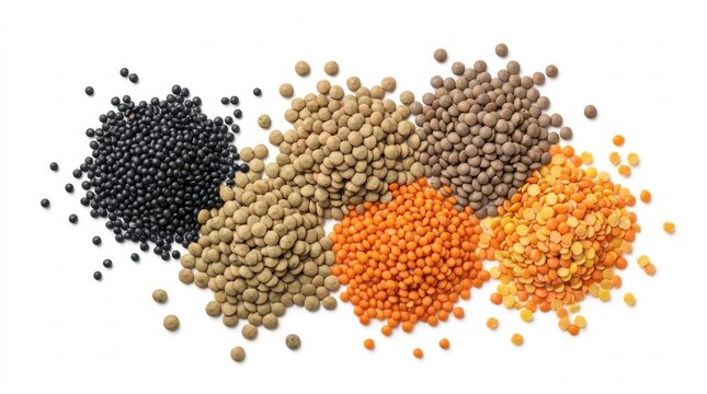 Top view of assorted colorful lentil varieties including black green brown and red lentils isolated on white background surface
