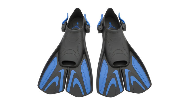 Pair of black and blue rubber scuba diving fins for underwater swimming isolated on a transparent background for professional water sports equipment