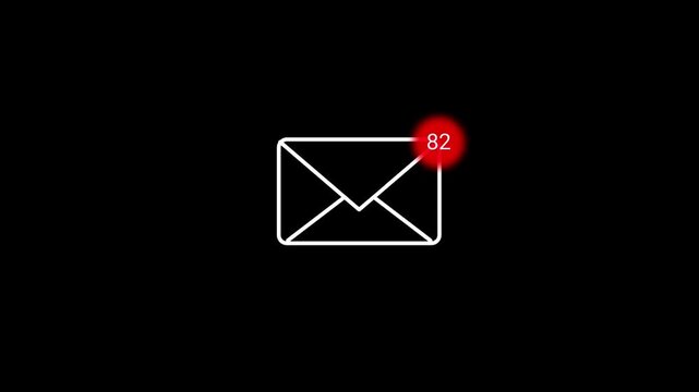 Email envelope icon with red unread notification badge counter displaying incoming digital messages against a solid black background