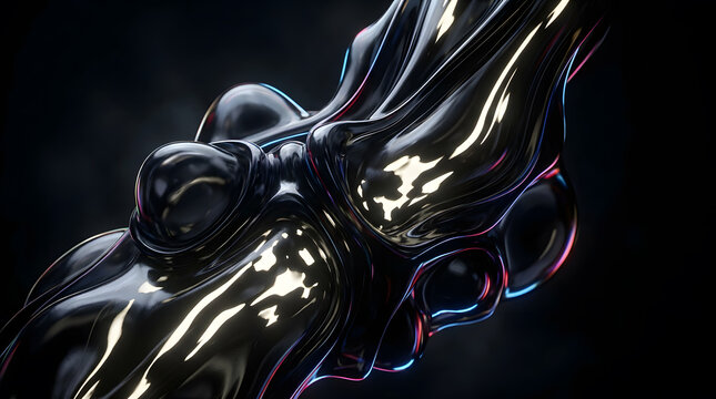 Abstract liquid black metal surface with iridescent light reflections and smooth organic fluid shapes