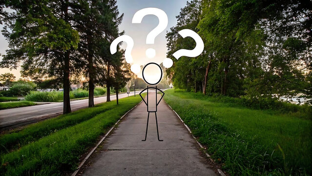 Decision making stick figure question marks and human character on