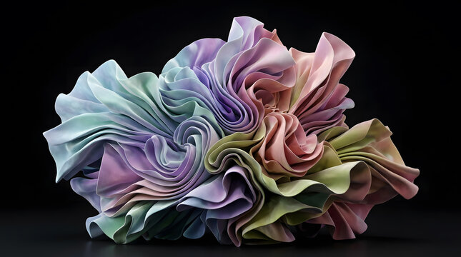Abstract pastel fabric sculpture with soft flowing folds and gradient colors on a dark black background