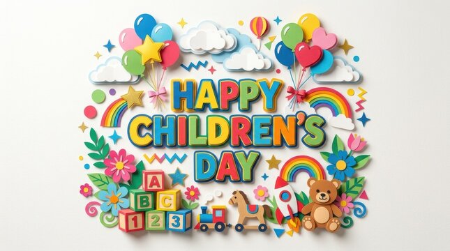 Colorful paper craft style illustration for happy childrens day celebration with balloons rainbows toys and playful decorative elements isolated