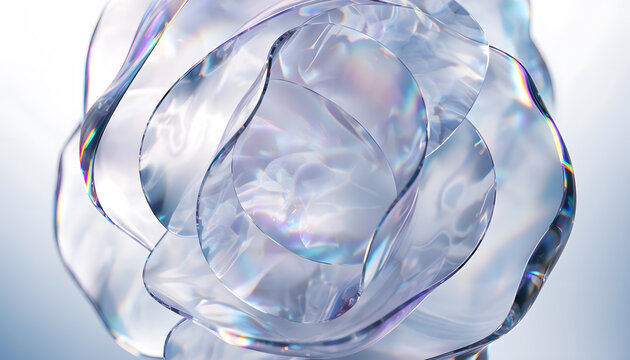 Abstract iridescent glass flower sculpture with soft light reflections and smooth curved petal shapes