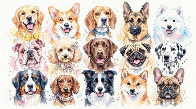 A collection of various dog breeds illustrated in a beautiful watercolor style featuring many different popular canine pet portraits