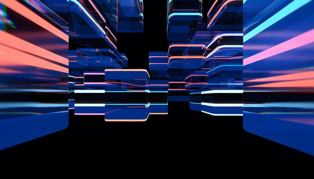 Abstract background with glowing blue and pink neon light cubes floating in dark digital space design