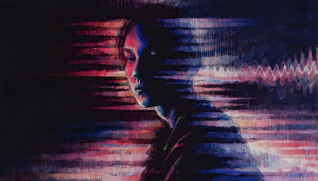 Abstract portrait of young woman with glitch effect and digital sound wave patterns in dark background